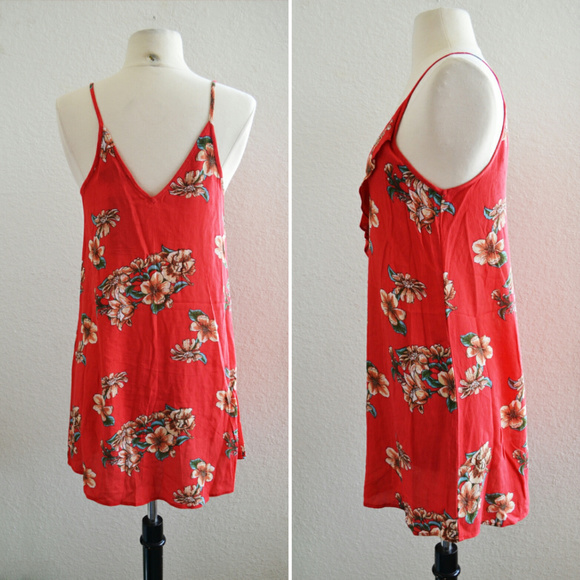 Red Tropical Floral Ruffle Tank Dress Size Small - Picture 2 of 2